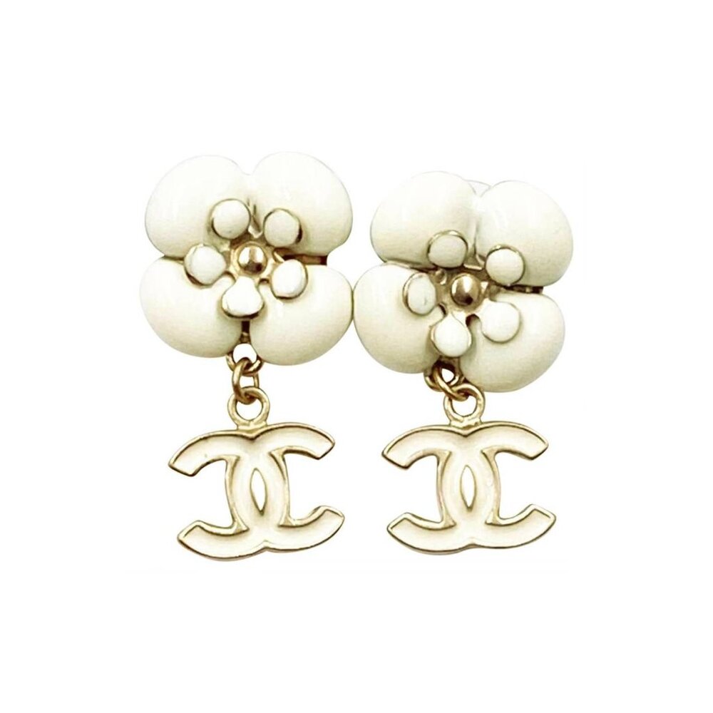 Chanel Ivory Camellia CC Dangle Piercing Earrings